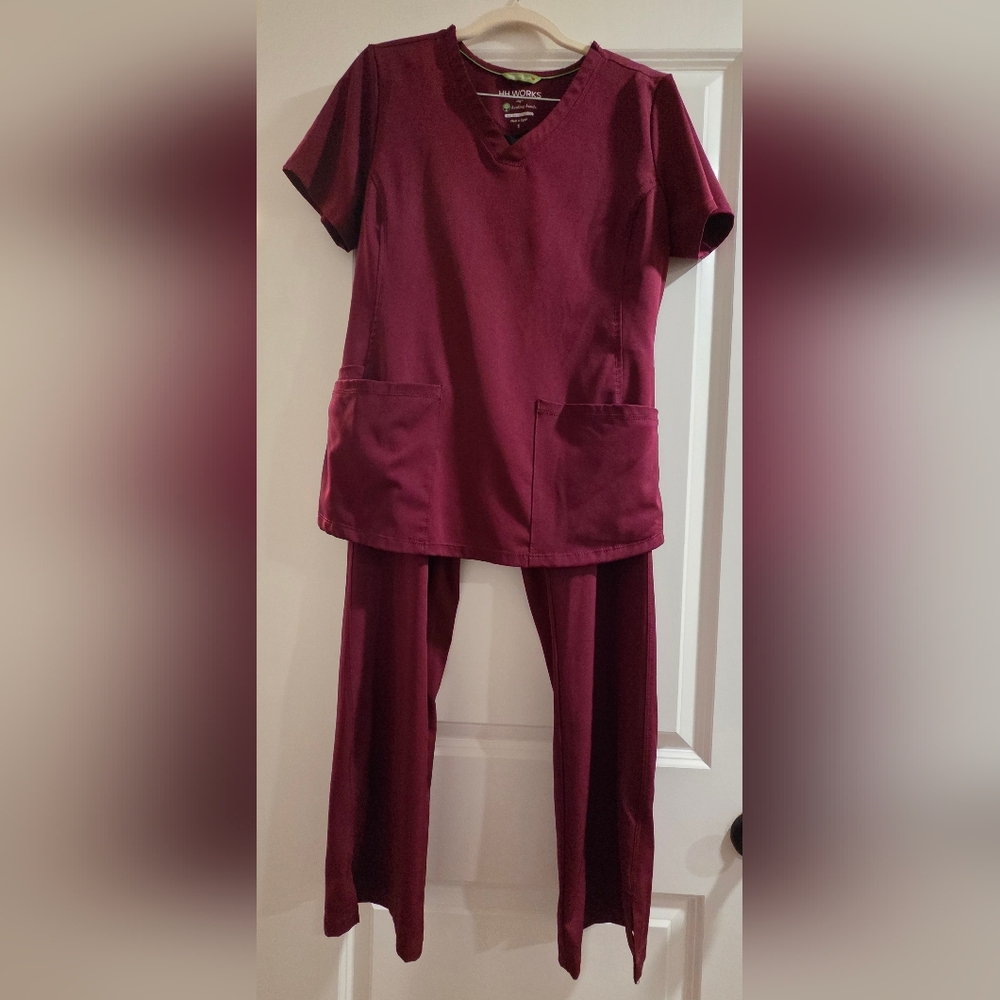 HH Works By Healing Hands Maroon  Scrub Top and Pants Set-NWOT